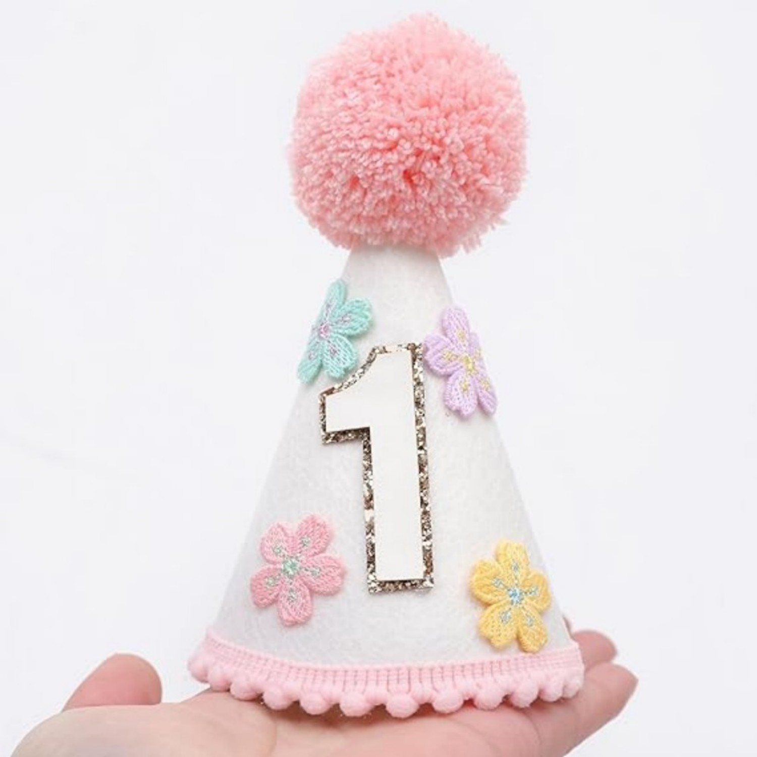 Party Hat Cone - หมวกวันเกิดรูปทรงกรวยลายดอกไม้หลากสีสัน หมวกวันเกิดน่ารักและมีเสน่ห์ ของตกแต่งวันเกิดครั้งแรก เหมาะสำหรับเด็กผู้หญิง