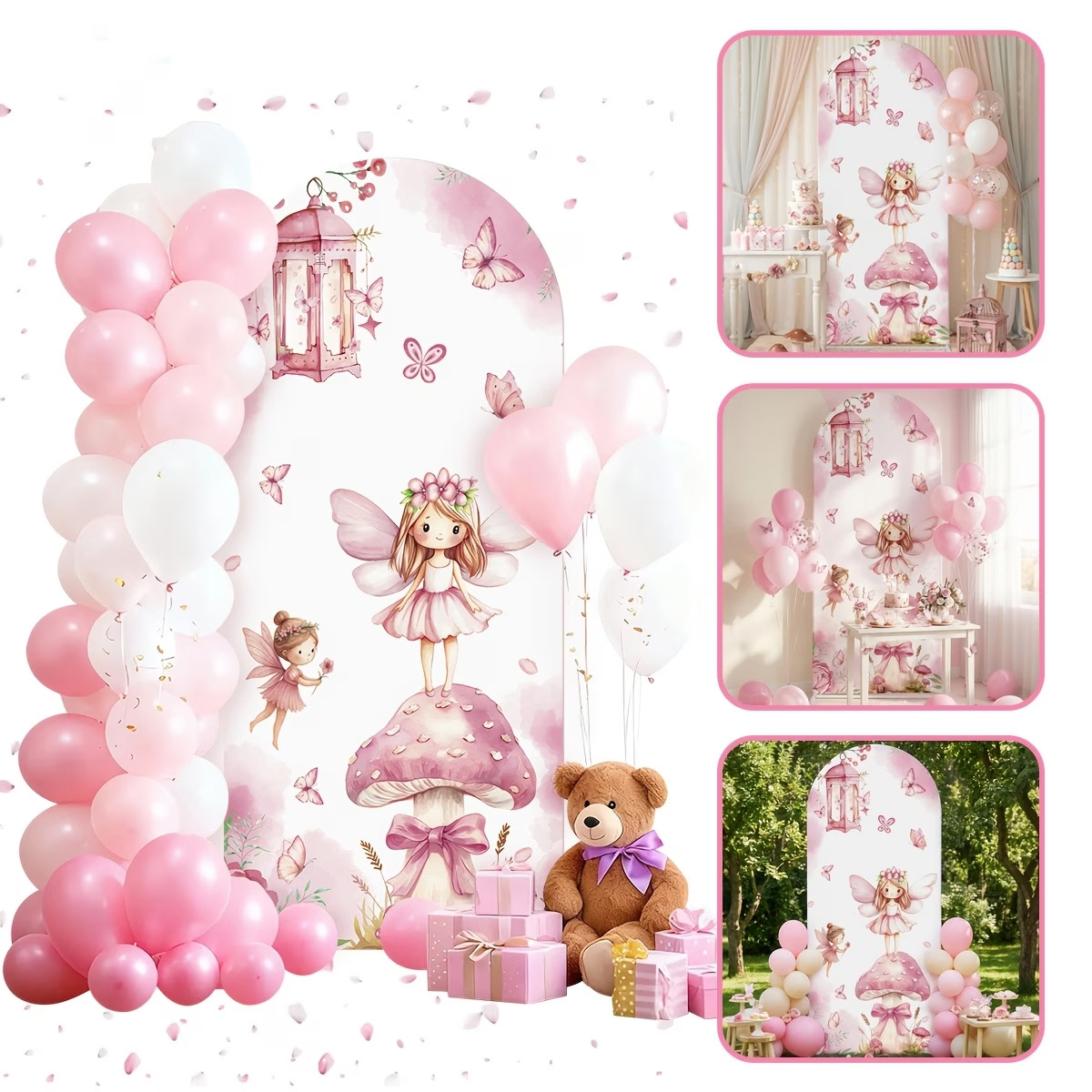 Dessert Table Backdrop - ฉากหลังนางฟ้าและเห็ด ตกแต่งโต๊ะเค้กวันเกิดเจ้าหญิงสาวหวาน พร้อมดอกไม้สีชมพูและซุ้มผีเสื้อ