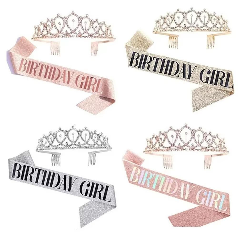 Birthday Sash Glitter - มงกุฎปาร์ตี้วันเกิดแบบกลิตเตอร์ใหม่ 2 ชิ้น/ชุด สายคาดเอวสีทองประดับเพชรเทียม มงกุฎคริสตัลสีเงินสำหรับงานปาร์ตี้วันเกิด