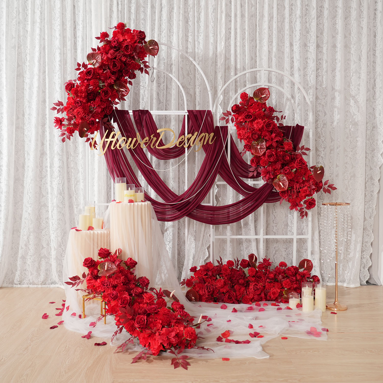 Flower Wall Panel - ซุ้มดอกไม้สีแดงสำหรับตกแต่งงานแต่งงาน ฉากหลังตกแต่งโต๊ะกลาง งานอีเว้นท์ ตกแต่งทางเดิน จัดดอกไม้สำหรับงานอีเว้นท์
