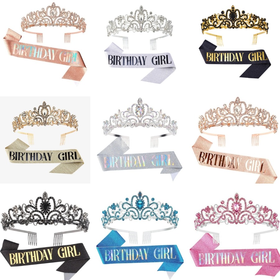 Birthday Sash Glitter - ชุด 2 ชิ้น มงกุฎคริสตัลประดับเพชรและสายสะพาย “สาววันเกิด” ชุดอุปกรณ์ตกแต่งงานวันเกิดสำหรับผู้หญิง
