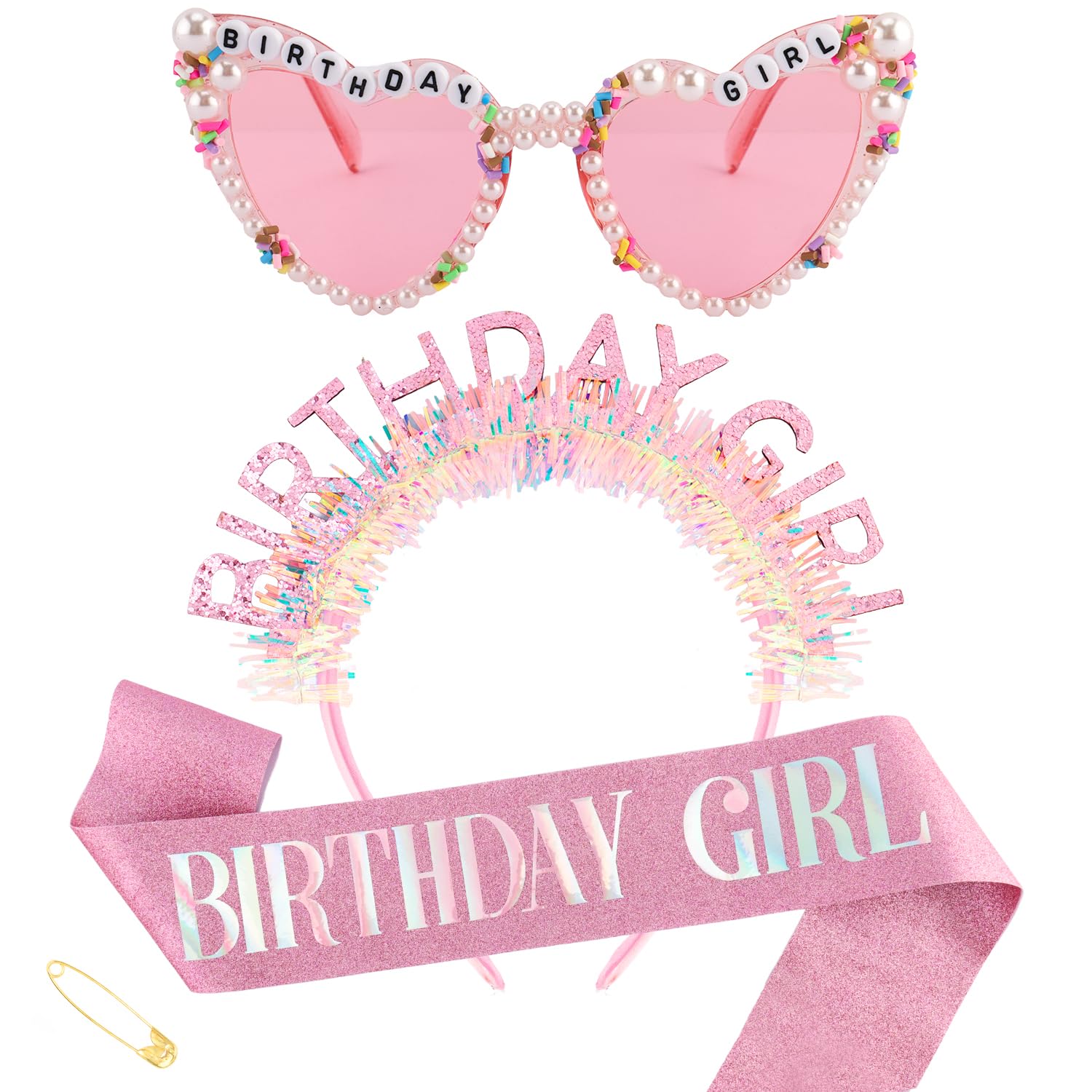 Birthday Sash Glitter - ชุดที่คาดผม ผ้าคาดเอว แว่นกันแดดสำหรับสาววันเกิด สีชมพู อุปกรณ์ตกแต่งวันเกิด มงกุฎวันเกิดแบบมีกลิตเตอร์และผ้าคาดเอว