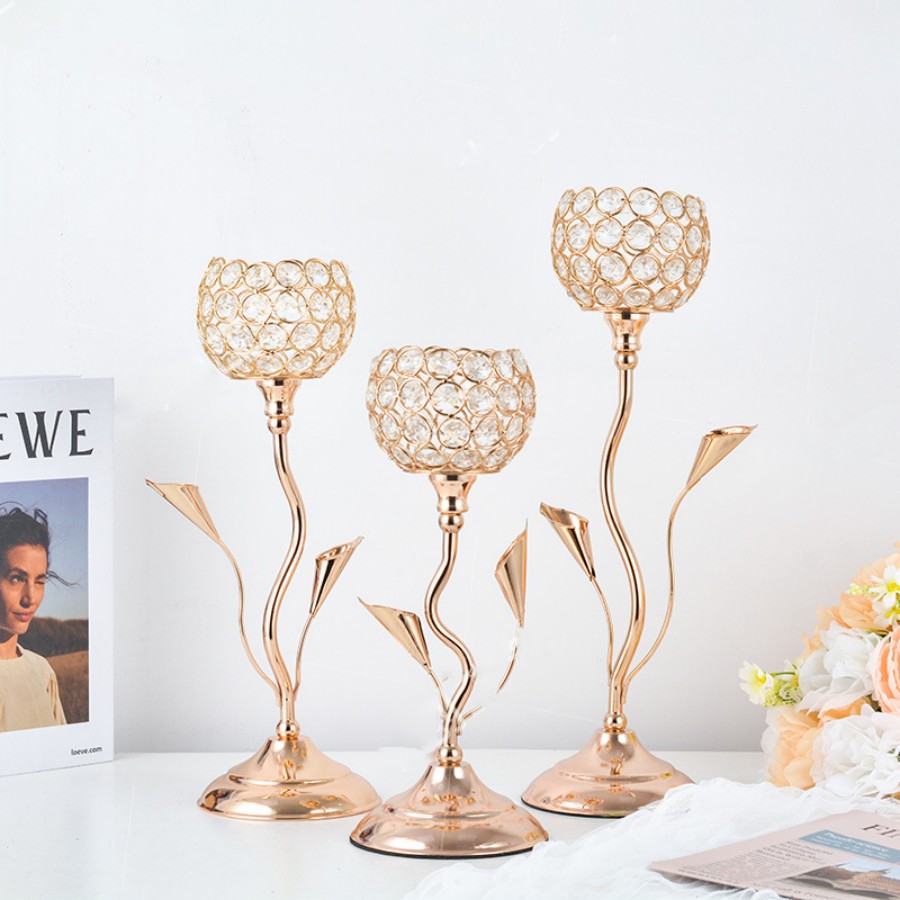 Centerpiece Stick - เชิงเทียนคริสตัลสีทอง, เชิงเทียนรูปดอกไม้เหล็กขนาดเล็กชุดเชิงเทียนวินเทจสําหรับโต๊ะกลางงานแต่งงานวันเกิด