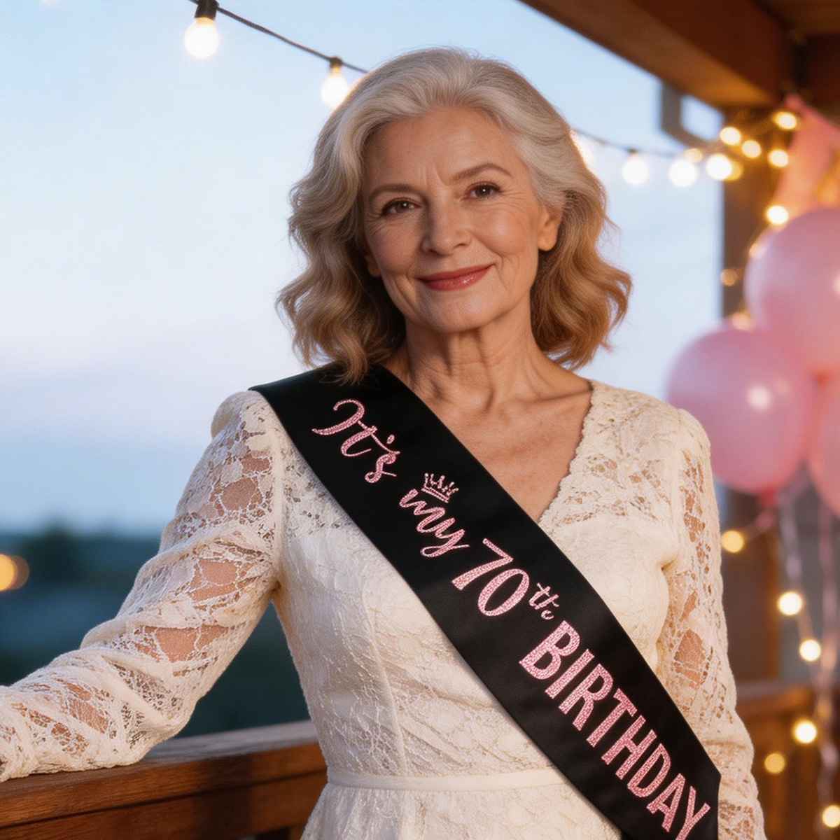 Birthday Sash Glitter - ผ้าคาดเอวสีดำพรีเมียม ฉลองวันเกิดครบรอบ 70 ปีของฉัน พร้อมดีไซน์มงกุฎสีชมพูประดับกลิตเตอร์