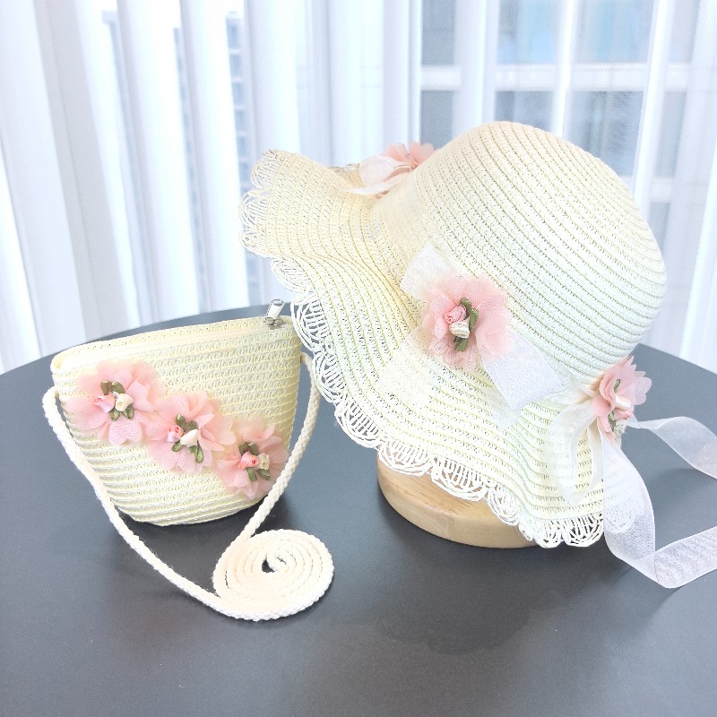 Paper Straw Color - หมวกฟางเด็กผู้หญิง 2 ชิ้น สีพื้น สำหรับเดินทางกลางแจ้ง หมวกกันแดดลายดอกไม้