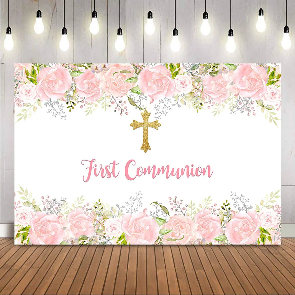 Dessert Table Backdrop - First Holy Communion วันเกิดสีชมพูดอกไม้สีน้ํา Baby Shower